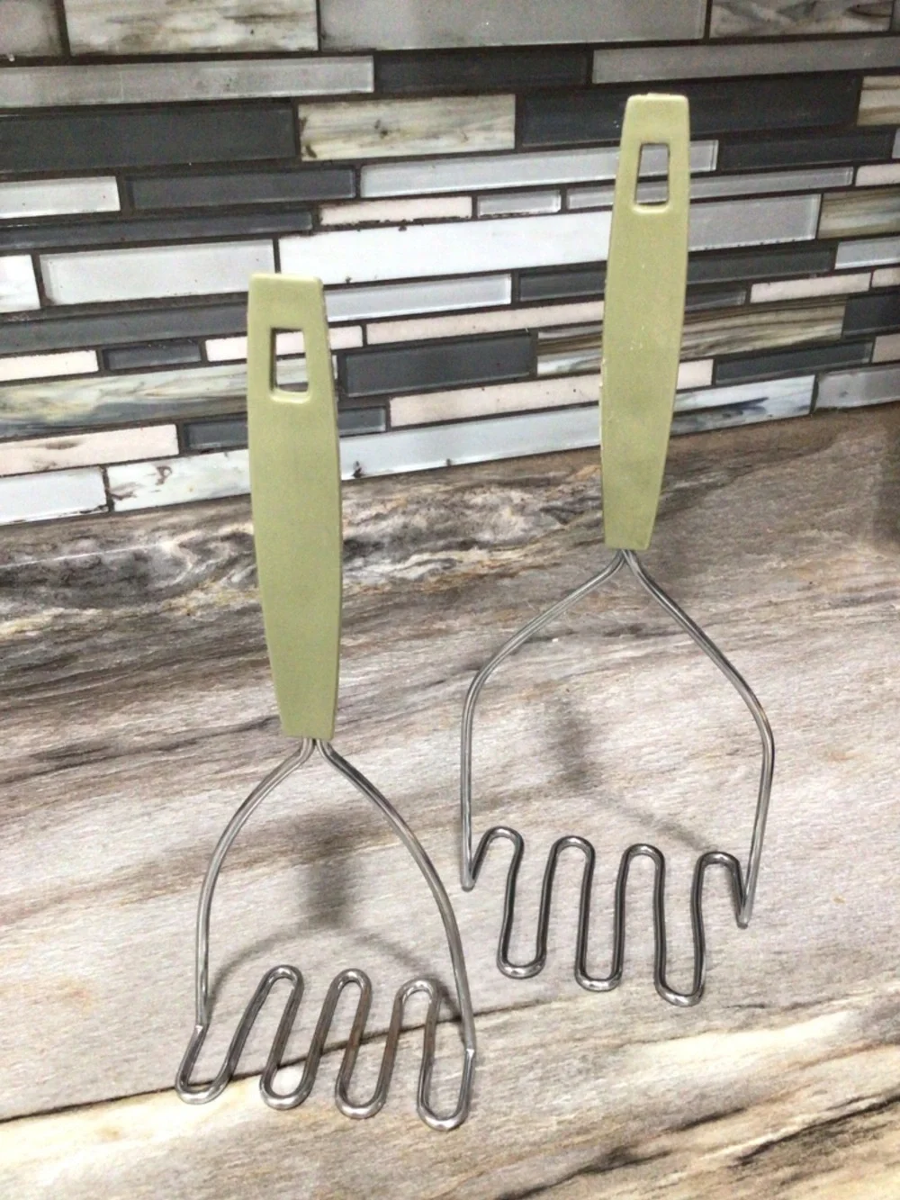 Vintage Green Handle Potato Mashers Set of 2 Stainless Steel Kitchen Utensils.